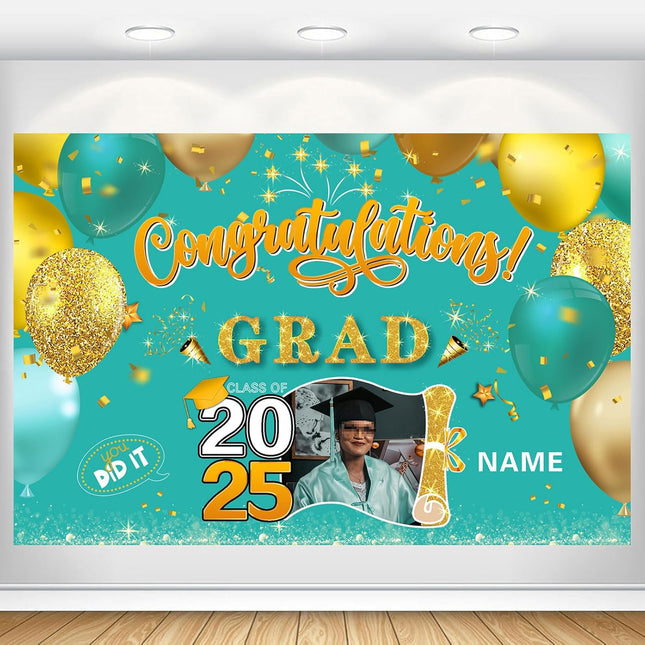 Custom Graduation Party Decorations Personalization Banner Class of 2025 Backdrop (Peacock Blue and Gold)