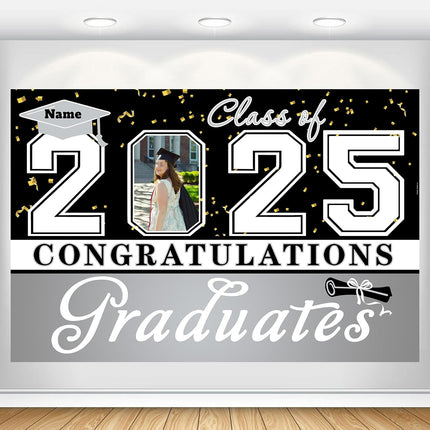 Custom Graduation Party Decorations Personalization Banner Class of 2025 Backdrop (Black and Sliver)