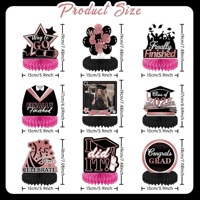 UUBAO 9 PCS Custom Graduation Party Honeycomb Centerpieces Class of 2025 Congrats Grad Decorations Congratulate Graduation Table Toppers for Graduation Party Favor Supplies (Pink)