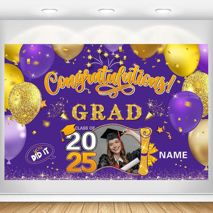 Custom Graduation Party Decorations Personalization Banner Class of 2025 Backdrop (Purple and Gold)