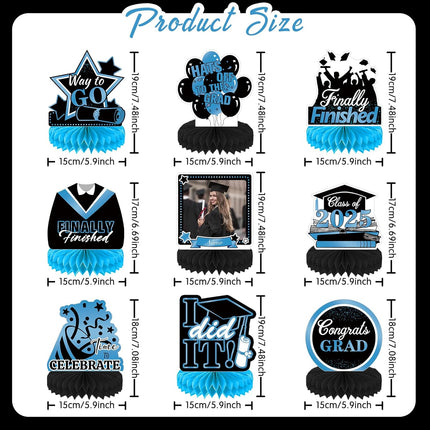 UUBAO 9 PCS Custom Graduation Party Honeycomb Centerpieces Class of 2025 Congrats Grad Decorations Congratulate Graduation Table Toppers for Graduation Party Favor Supplies (Sky Blue)