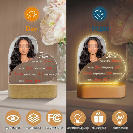 UUBAO Personalized Mother's Day Night Light Gift with Wooden Base Custom Photo Acrylic Plaque LED Night Lamp Gift for Mom