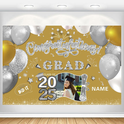 Custom Graduation Party Decorations Personalization Banner Class of 2025 Backdrop (Champagne and Silver）