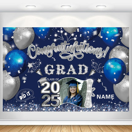 Custom Graduation Party Decorations Personalization Banner Class of 2025 Backdrop (Blue and Silver)