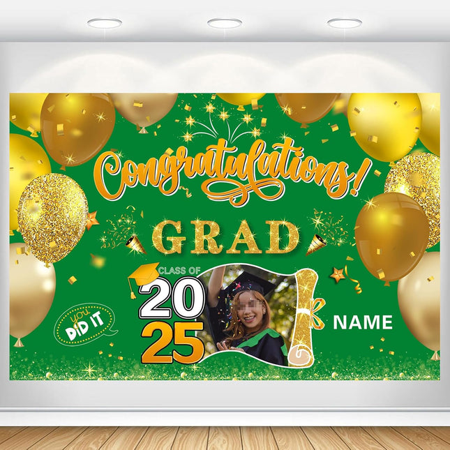 Custom Graduation Party Decorations Personalization Banner Class of 2025 Backdrop (Dark Green and Gold)