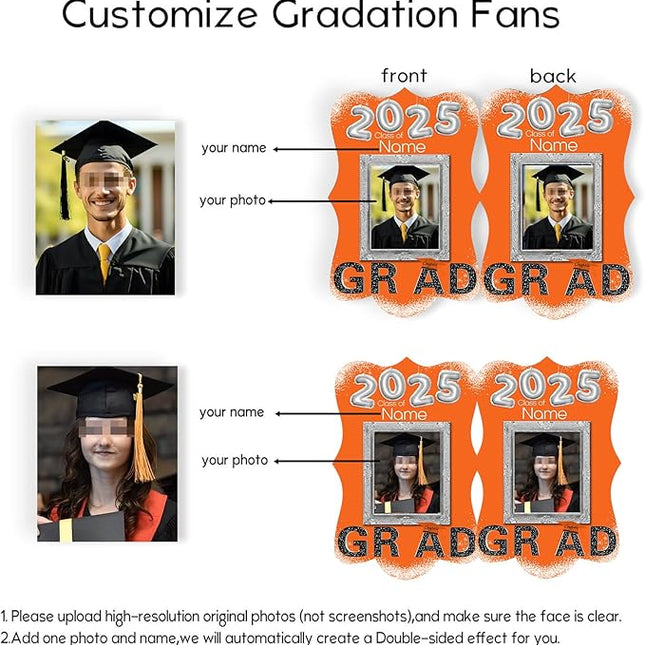 UUBAO Personalized Graduation Double Sided Face Fan Class of 2025 Customized Graduation Head Face Cutout with Handle Fun Photo Prop Supplies(Orange)