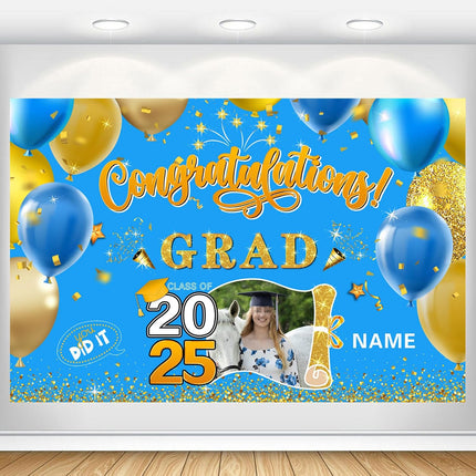 Custom Graduation Party Decorations Personalization Banner Class of 2025 Backdrop (Sky Blue and Gold)