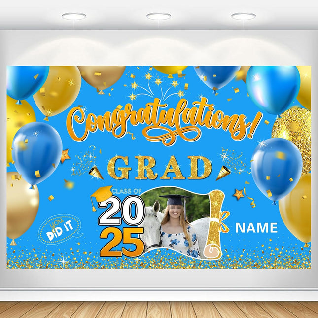 Custom Graduation Party Decorations Personalization Banner Class of 2025 Backdrop (Sky Blue and Gold)