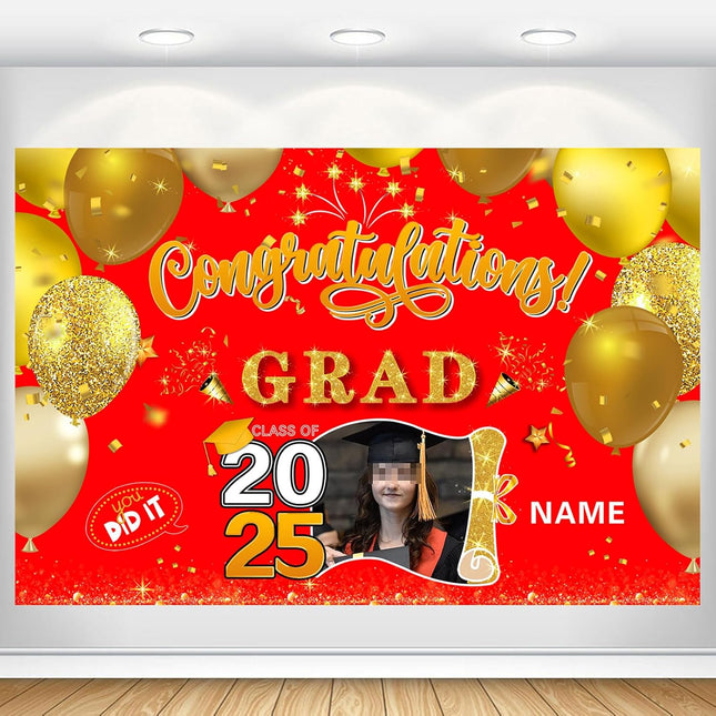 Custom Graduation Party Decorations Personalization Banner Class of 2025 Backdrop (Red and Gold)