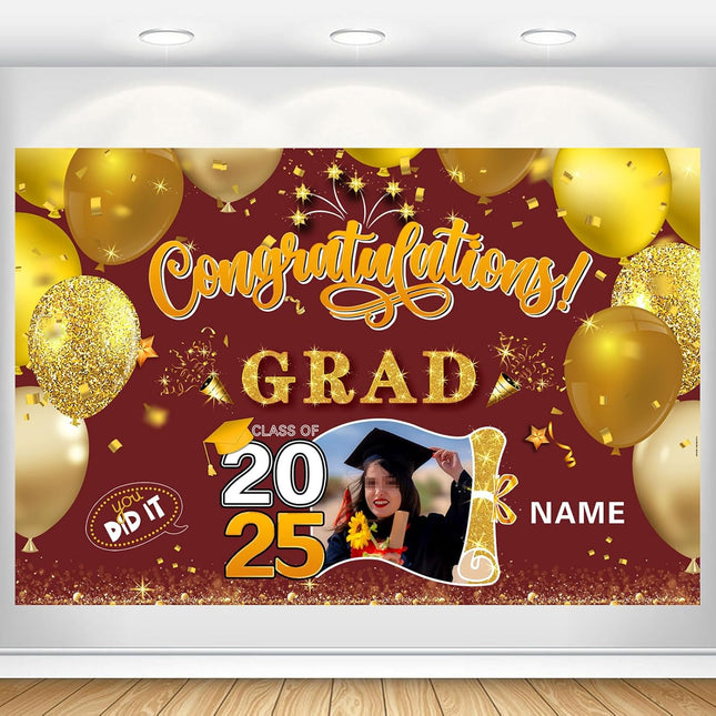 Custom Graduation Party Decorations Personalization Banner Class of 2025 Backdrop (Maroon and Gold)