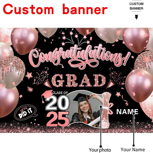 Custom Graduation Party Decorations Personalization Banner Class of 2025 Backdrop (Pink and Black)