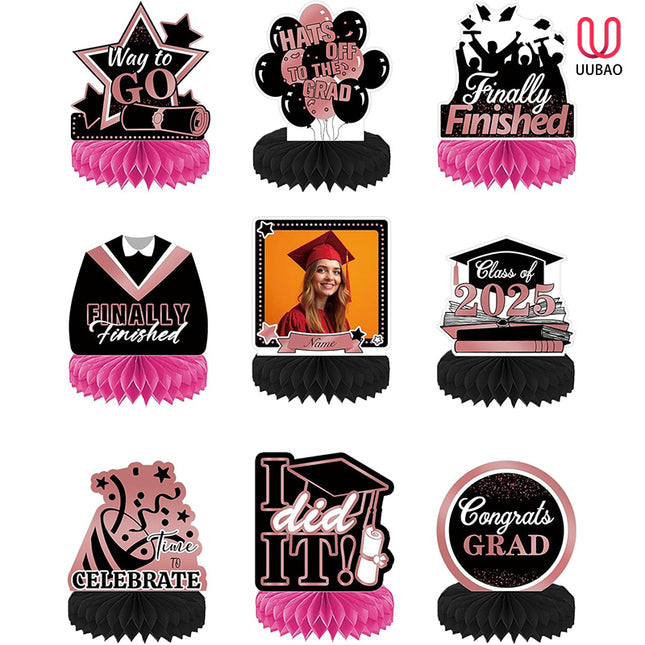 UUBAO 9 PCS Custom Graduation Party Honeycomb Centerpieces Class of 2025 Congrats Grad Decorations Congratulate Graduation Table Toppers for Graduation Party Favor Supplies (Pink)