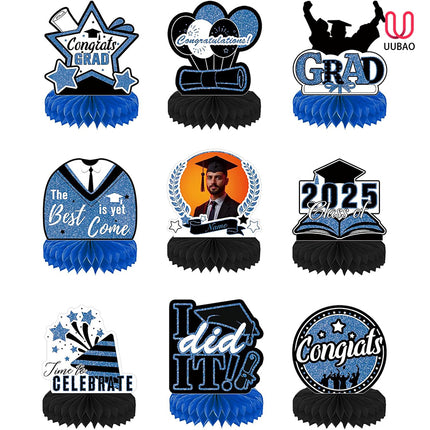 UUBAO 9 PCS Custom Graduation Party Honeycomb Centerpieces Class of 2025 Congrats Grad Decorations Congratulate Graduation Table Toppers for Graduation Party Favor Supplies (Navy Blue)