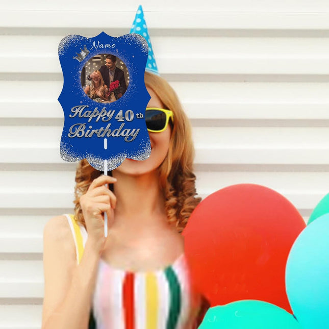 UUBAO Personalized Double Sided Happy Birthday Photo Prop Face Fan Customized Birthday Fun Supplies(Blue and Silver)