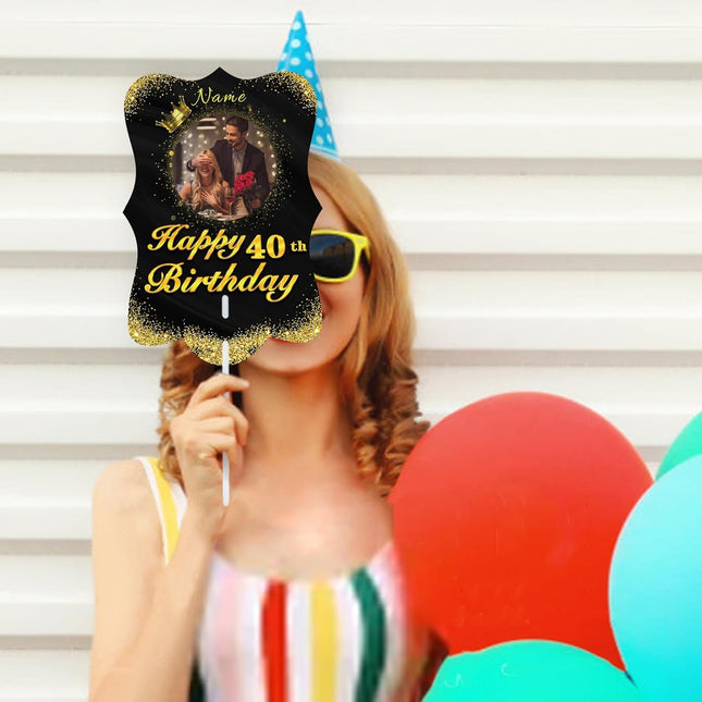 UUBAO Personalized Double Sided Happy Birthday Photo Prop Face Fan Customized Birthday Fun Supplies(Black and Gold)