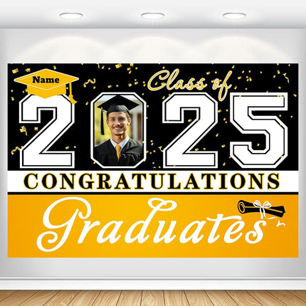 Custom Graduation Party Decorations Personalization Banner Class of 2025 Backdrop (Yellow and Black)