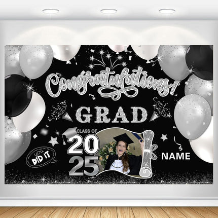 Custom Graduation Party Decorations Personalization Banner Class of 2025 Backdrop (Black and Sliver)