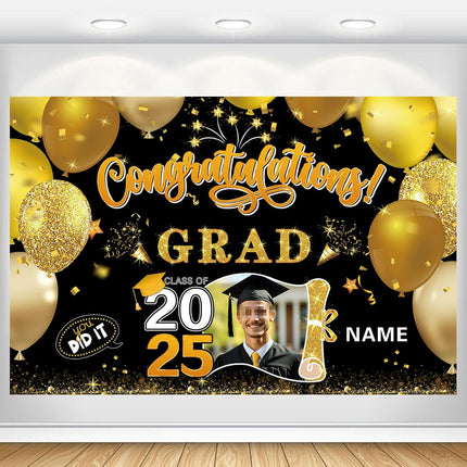 Custom Graduation Party Decorations Personalization Banner Class of 2025 Backdrop (Black and Gold)