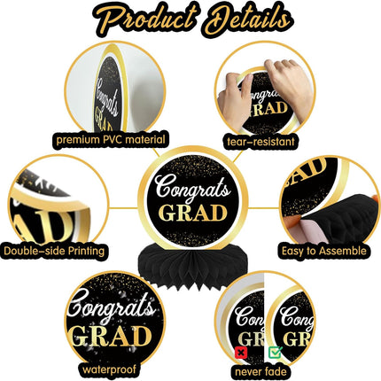 UUBAO 9 PCS Custom Graduation Party Honeycomb Centerpieces Class of 2025 Congrats Grad Decorations Congratulate Graduation Table Toppers for Graduation Party Favor Supplies (Black and Gold)