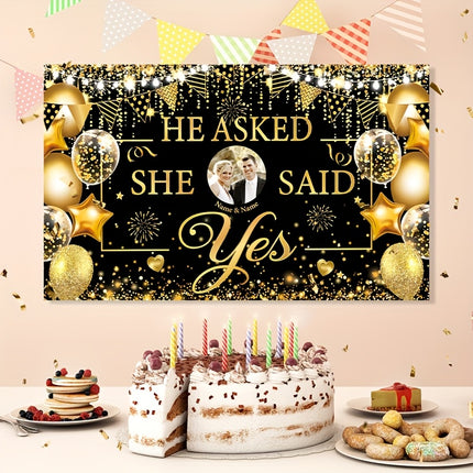 UUBAO Custom Black Gold Engagement Decorations Personalized Banner for Wedding Happy Engagement Party