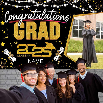 Custom Graduation Party Decorations Personalization Banner Class of 2025 Backdrop (Black and Gold)