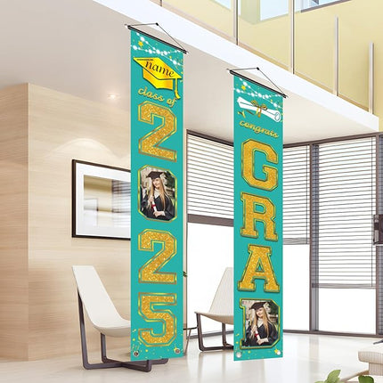 UUBAO Custom Graduation Party Decorations 2025 Personalization Congrats Grad Banner Graduation Front Door Porch Sign Backdrop(Peacock Blue and Gold)