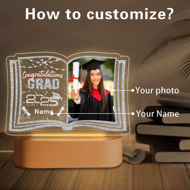 UUBAO Custom Night Light with Photo Name 2025 Personalized Graduation Led Lamp for Women Man Gifts for College High School (Silver)
