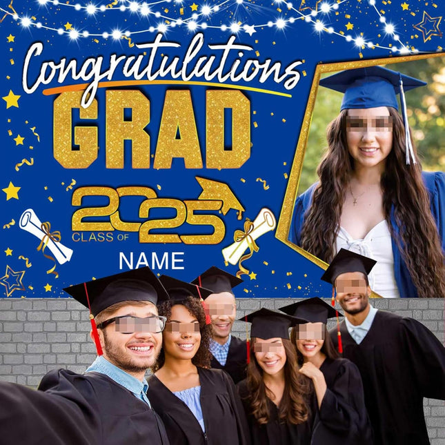 Custom Graduation Party Decorations Personalization Banner Class of 2025 Backdrop (Blue and Gold)