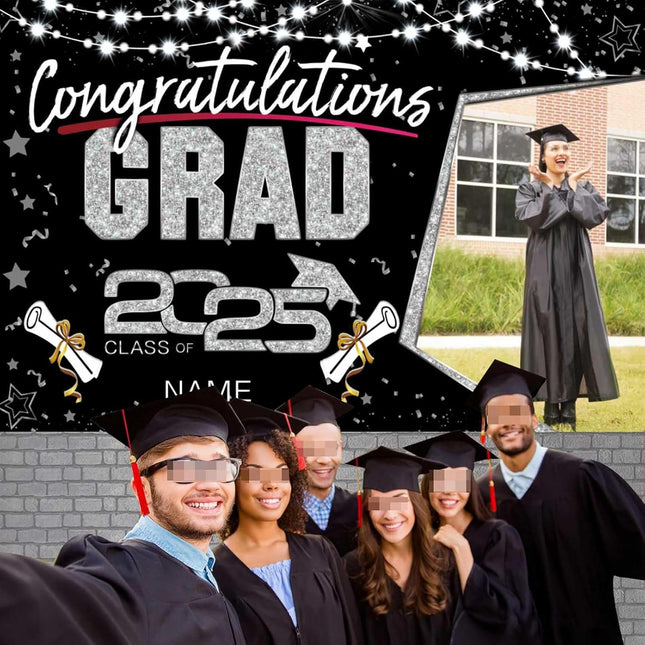 Custom Graduation Party Decorations Personalization Banner Class of 2025 Backdrop (Black and Sliver)