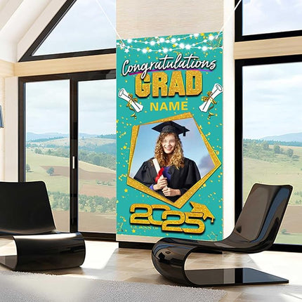 UUBAO Custom Graduation Party Decorations Personalization Banner Class of 2025 Backdrop Door Cover (Peacock Blue and Gold)