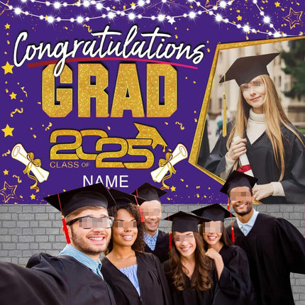 Custom Graduation Party Decorations Personalization Banner Class of 2025 Backdrop (Purple and Gold)