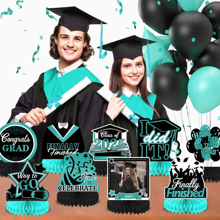 UUBAO 9 PCS Custom Graduation Party Honeycomb Centerpieces Class of 2025 Congrats Grad Decorations Congratulate Graduation Table Toppers for Graduation Party Favor Supplies (Peacock Blue)