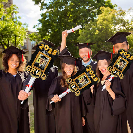 UUBAO Personalized Graduation Double Sided Face Fan Class of 2025 Customized Graduation Head Face Cutout with Handle Fun Photo Prop Supplies(Black and Gold)