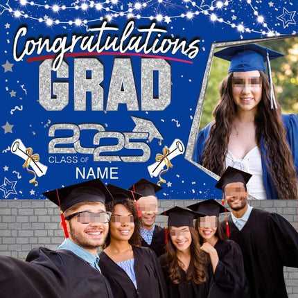 Custom Graduation Party Decorations Personalization Banner Class of 2025 Backdrop (Blue and Silver)