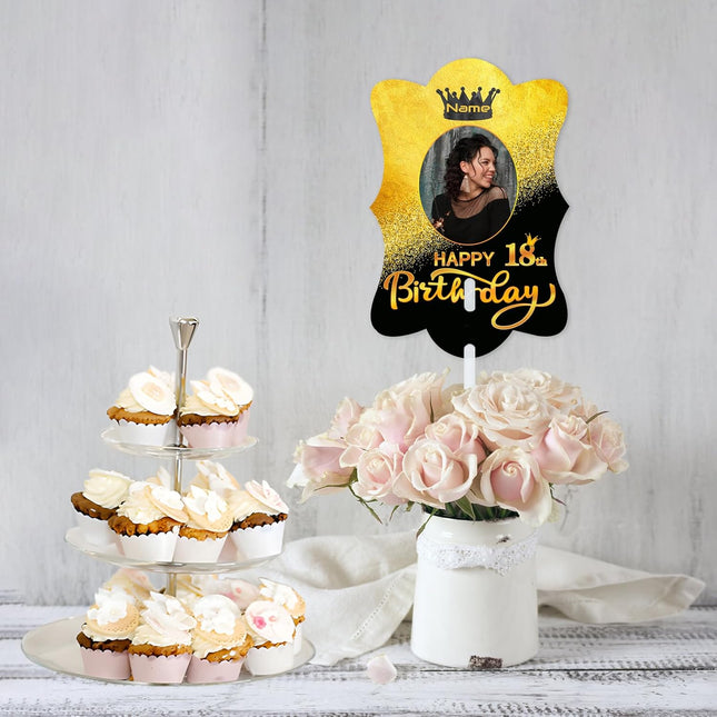 UUBAO Custom Happy Birthday Face Cutout Fans Personalized Photo Prop Signs for Birthday Party(Black and Gold)