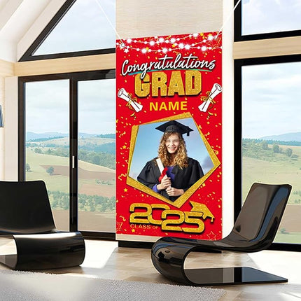 UUBAO Custom Graduation Party Decorations Personalization Banner Class of 2025 Backdrop Door Cover (Red and Gold)