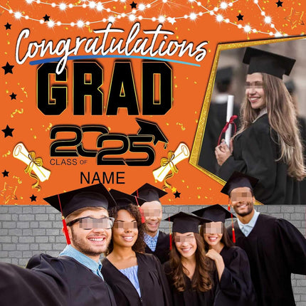 Custom Graduation Party Decorations Personalization Banner Class of 2025 Backdrop (Orange and Black)