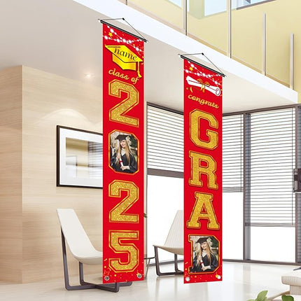 UUBAO Custom Graduation Party Decorations 2025 Personalization Congrats Grad Banner Graduation Front Door Porch Sign Backdrop(Red and Gold)