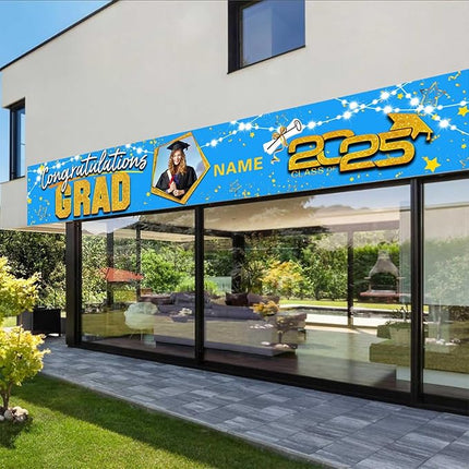 UUBAO Custom Graduation Party Decorations 2025 Personalization Congrats Grad Banner Graduation Backdrop(Sky Blue and Gold)