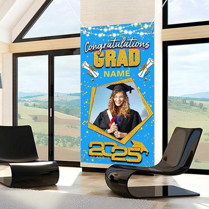 UUBAO Custom Graduation Party Decorations Personalization Banner Class of 2025 Backdrop Door Cover (Sky Blue and Gold)