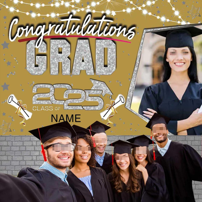 Custom Graduation Party Decorations Personalization Banner Class of 2025 Backdrop (Champagne and Silver）