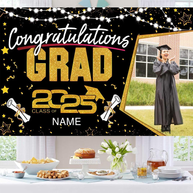 Custom Graduation Party Decorations Personalization Banner Class of 2025 Backdrop (Black and Gold)