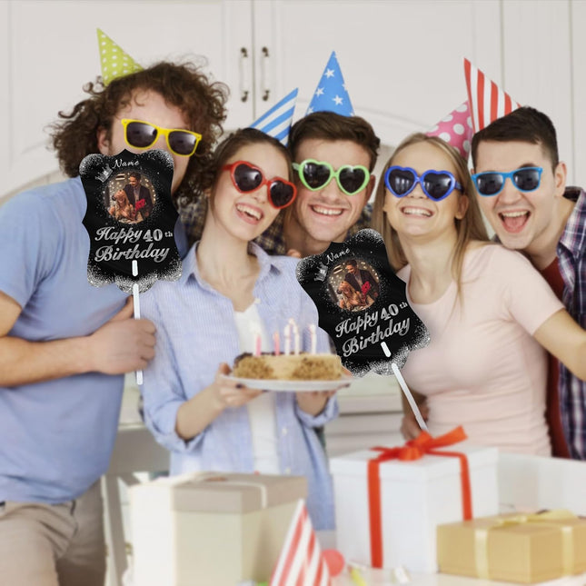 UUBAO Personalized Double Sided Happy Birthday Photo Prop Face Fan Customized Birthday Fun Supplies(Black and Silver)