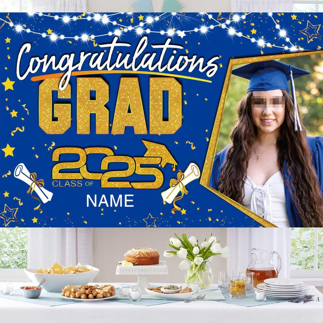 Custom Graduation Party Decorations Personalization Banner Class of 2025 Backdrop (Blue and Gold)