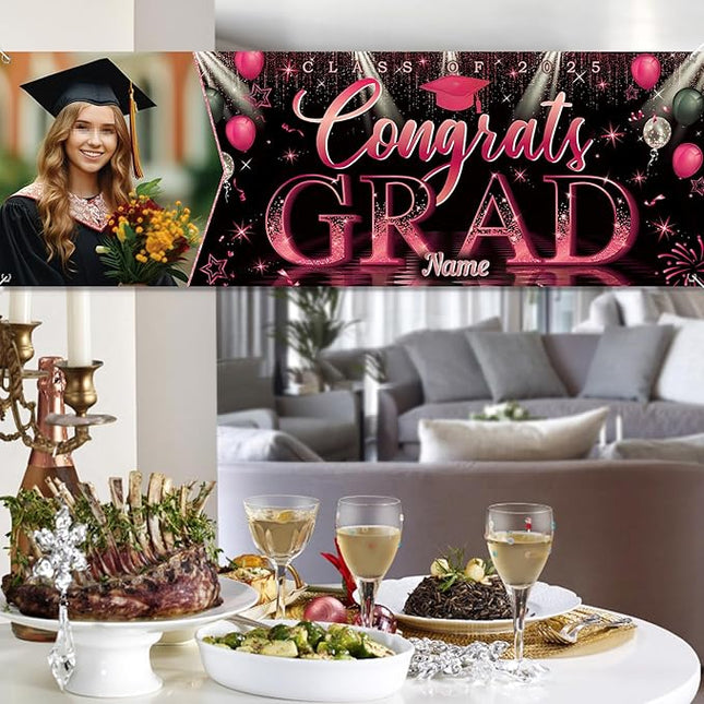 UUBAO Custom Graduation Party Decorations Personalization Banner Class of 2025 Backdrop (Pink）