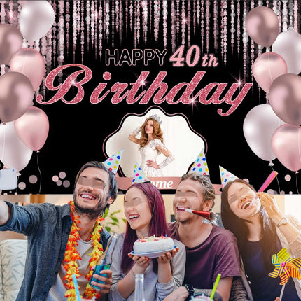 UUBAO Custom Rose Gold Pink Theme Birthday Banner for Party Happy Birthday Backdrop Decoration Personalized with Name and Photo