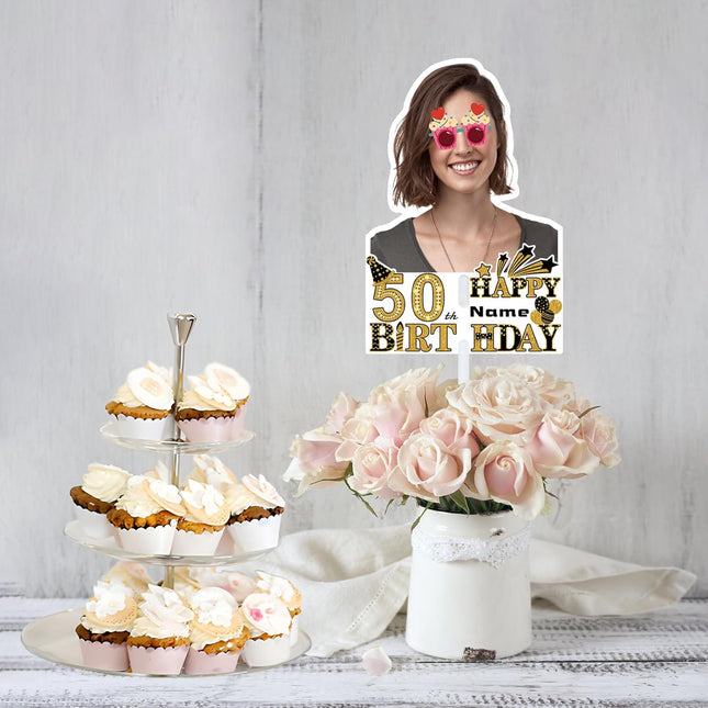 UUBAO Custom Happy Birthday Face Cutout Fans Personalized Photo Prop Signs for Birthday Party(Black and Gold)