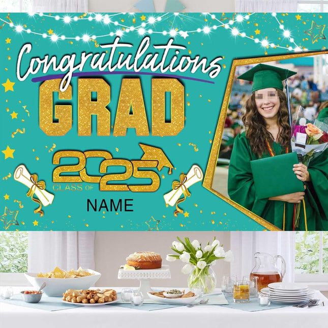 Custom Graduation Party Decorations Personalization Banner Class of 2025 Backdrop (Peacock Blue and Gold)