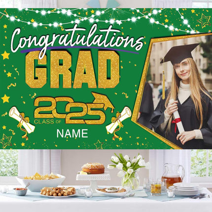 Custom Graduation Party Decorations Personalization Banner Class of 2025 Backdrop (Dark Green and Gold)