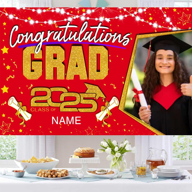 Custom Graduation Party Decorations Personalization Banner Class of 2025 Backdrop (Red and Gold)